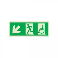 PLACA SAÍDA POR RAMPA DESCE À ESQUERDA INCLUINDO USUÁRIO DE CADEIRA DE RODAS FOTOLUMINESCENTE